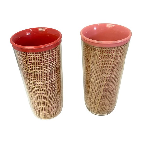 Vintage Collectible Raffiaware Rattan Insulated Tumbler Set 2 Red Pink 6" 1950 - Picture 1 of 2